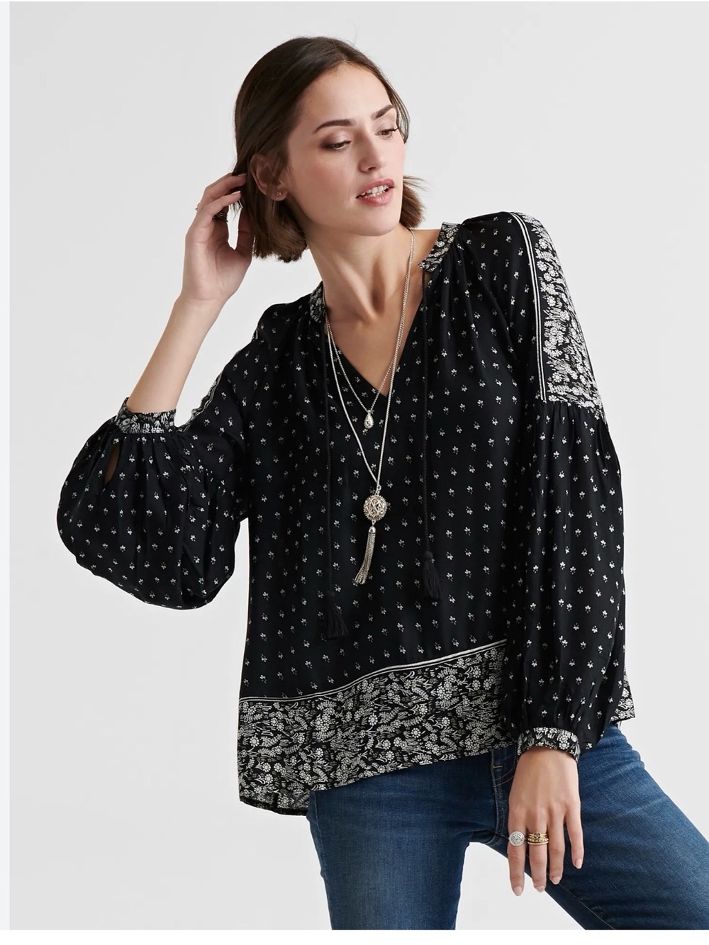 Lucky Brand Black and White  Border Print V neck Boho Peasant Blouse Size 2X EUC